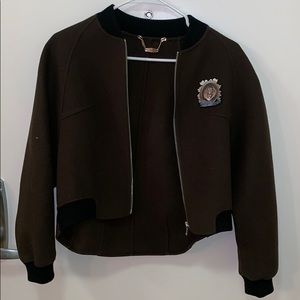 Brown Wool Bomber Jacket With Lion Emblem